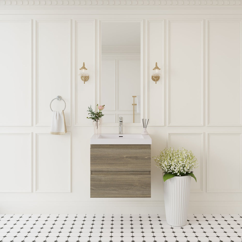 English Elm 24'' Wall Mount Bathroom Vanity Fluted Smoked Walnut Soft Close Drawer Quartz Basin W1920P385472