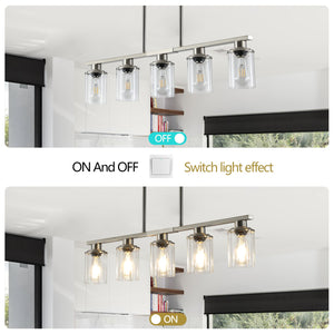 English Elm 37" Five-light Iron Chandelier Brushed Nickel Finish Clear Glass Linear Kitchen Pendant W1340P206715