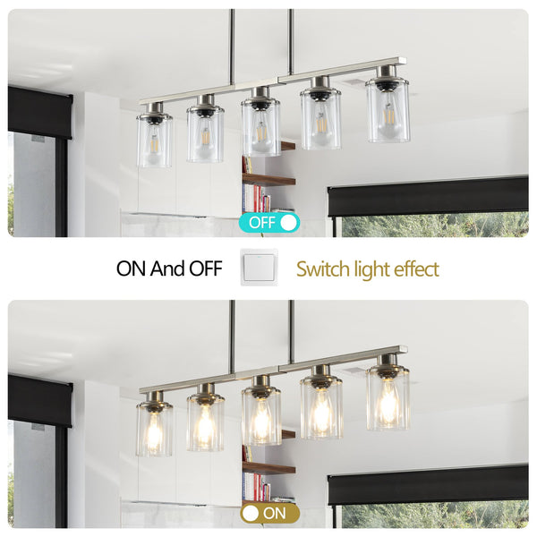 English Elm 37" Five-light Iron Chandelier Brushed Nickel Finish Clear Glass Linear Kitchen Pendant W1340P206715