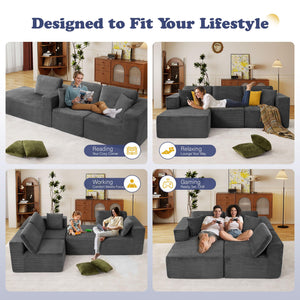 English Elm 109" Cloud Modular Sectional Corduroy Sofa Deep Seat L-shape Chaise for Living Room Grey W1521S00090