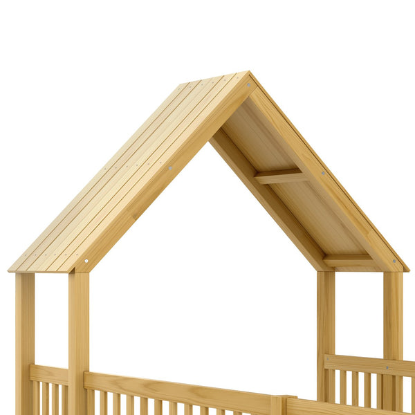 English Elm Full Full Size House Floor Bed with Door & Guardrails, Solid Wood Playful Design for Kids, Safe and Durable Natural W1580P327131