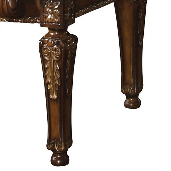 English Elm Espresso Tufted Back Arm Chairs Set of 2 with Cherry Wood Floral Carving, Faux Leather, Nailhead Trim B062P185666