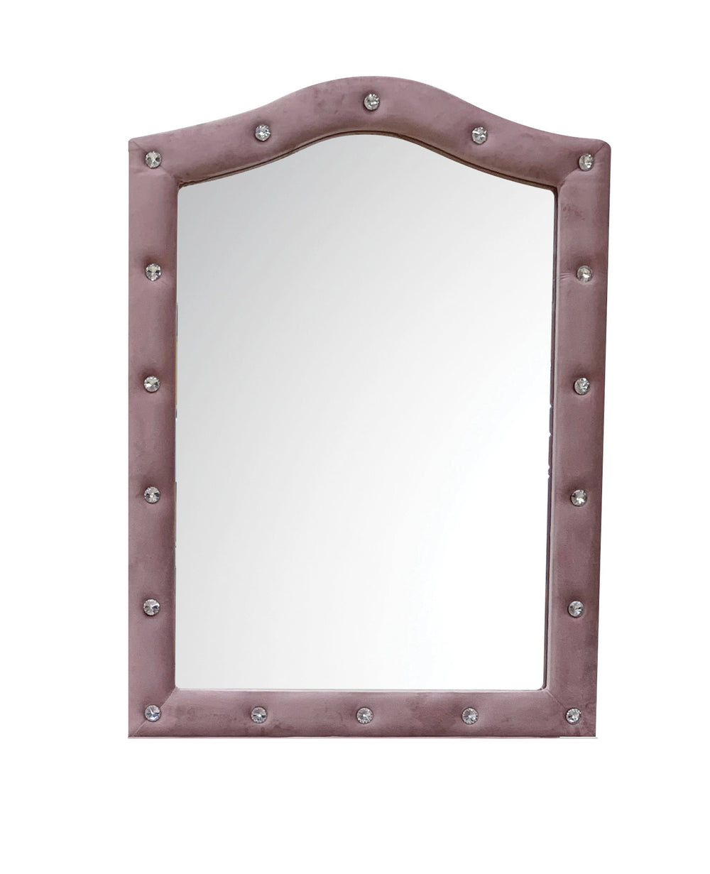 English Elm Reggie Pink Fabric Mirror with Arched Upholstered Frame, Transitional Vintage Style, 18x26 Mirror Dimensions B2726P286649