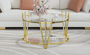 English Elm 31.5inch Modern Luxury Gold Coffee Table with Two-Tier Storage, Tempered Glass Top, Elegant Crown Design Clear W1550P171448