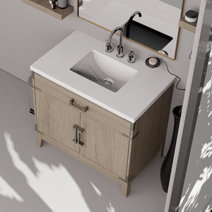 English Elm Grey Oak Single Bath Vanity with White Quartz Top, Chrome Faucet & 34" Mirror — Durable Wood Finish B2731S02012