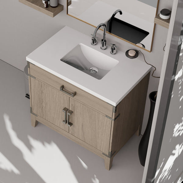 English Elm Grey Oak Single Bath Vanity with White Quartz Top, Chrome Faucet & 34" Mirror — Durable Wood Finish B2731S02012