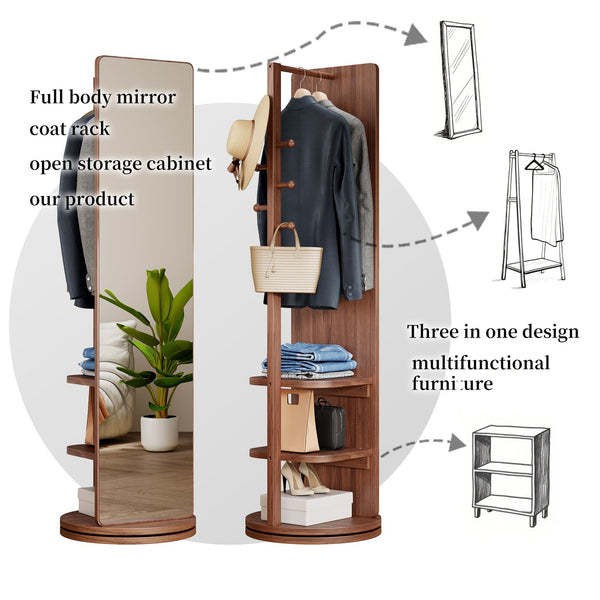 English Elm 360° Swivel Full Length Mirror with Coat Hooks Solid Rubberwood Frame Bedroom Entryway W2987P225479