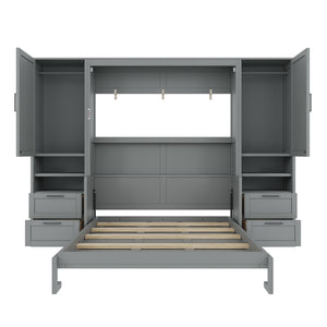 English Elm Queen Murphy Fold Down Wall Bed with Wardrobe Drawers and Shelves for Guest Rooms Gray LP000909AAE-2