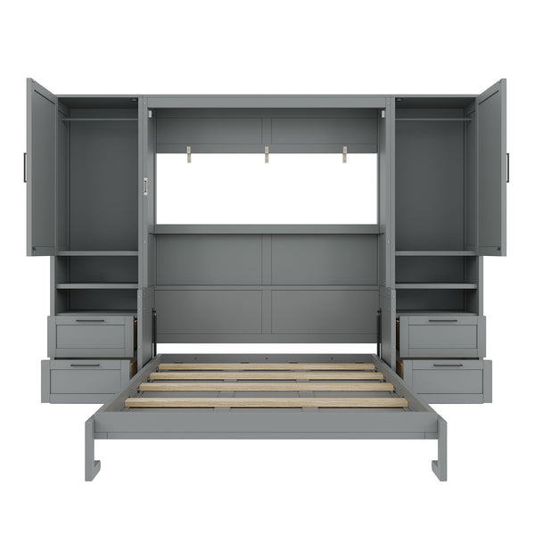 English Elm Queen Murphy Fold Down Wall Bed with Wardrobe Drawers and Shelves for Guest Rooms Gray LP000909AAE-2