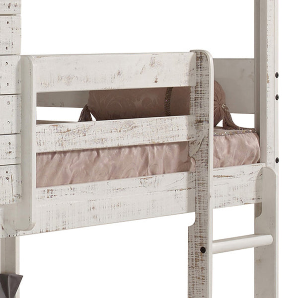 English Elm Rustic Twin-Over-Twin Bunk Bed in Rustic White Solid Pine with Built-In Right Ladder, 13-Slat Support B062S00467