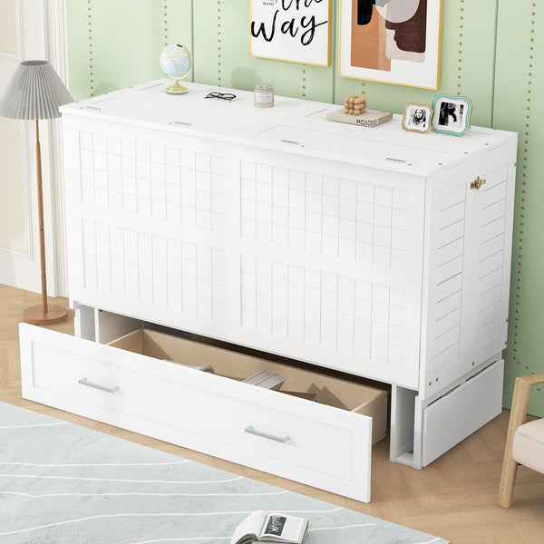 English Elm Queen Mobile Murphy Bed with Drawers & Side Shelves, White Fold-Up Queen Wall Bed for Guests SM000317AAK