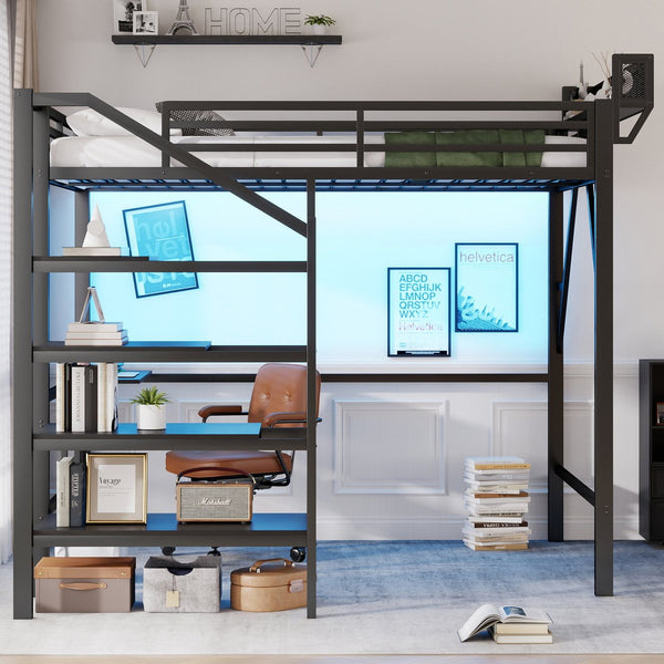 English Elm Queen Metal Loft Bed with Staircase Storage Foldable Desk and Built-in Charging W2580S00073