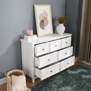 English Elm Modern 7 Drawers Dresser with Unique Feet, Smooth Glide Drawers and Metal Handles for Stylish Storage White W2275P149784