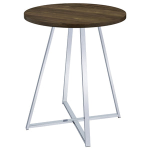 English Elm Burkhart Brown Oak 35" Round Pub Table with Flared Geometric Chrome Base — Rustic Modern Charm B062P344985