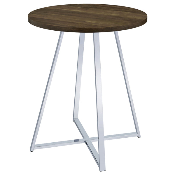 English Elm Burkhart Brown Oak 35" Round Pub Table with Flared Geometric Chrome Base — Rustic Modern Charm B062P344985
