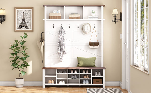 English Elm Farmhouse Hall Tree Entryway Organizer with Bench 16 Compartments and 6 Coat Hooks N721S000064K-1