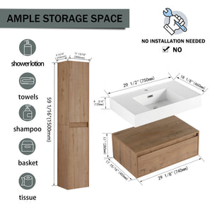 English Elm 30 Inch Wall-Mounted Bathroom Vanity Set With Resin Sink, Soft-Close Drawers & Storage Cabinets W999S00268
