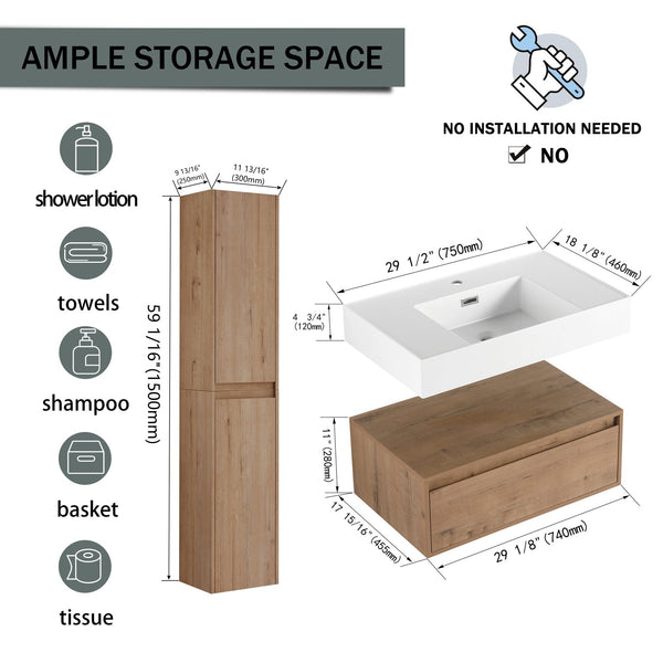 English Elm 30 Inch Wall-Mounted Bathroom Vanity Set With Resin Sink, Soft-Close Drawers & Storage Cabinets W999S00268
