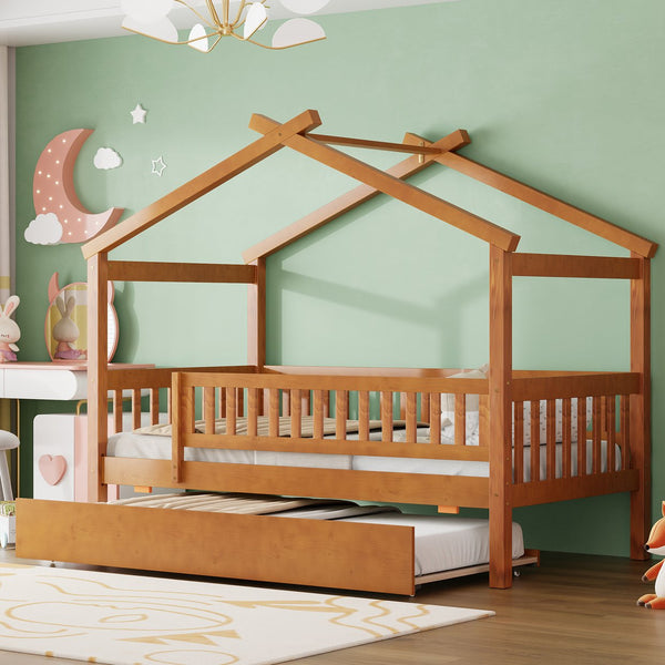 English Elm Twin House Bed with Trundle Solid Pine Frame Walnut Kids Bedroom Sleepover N708P357115L