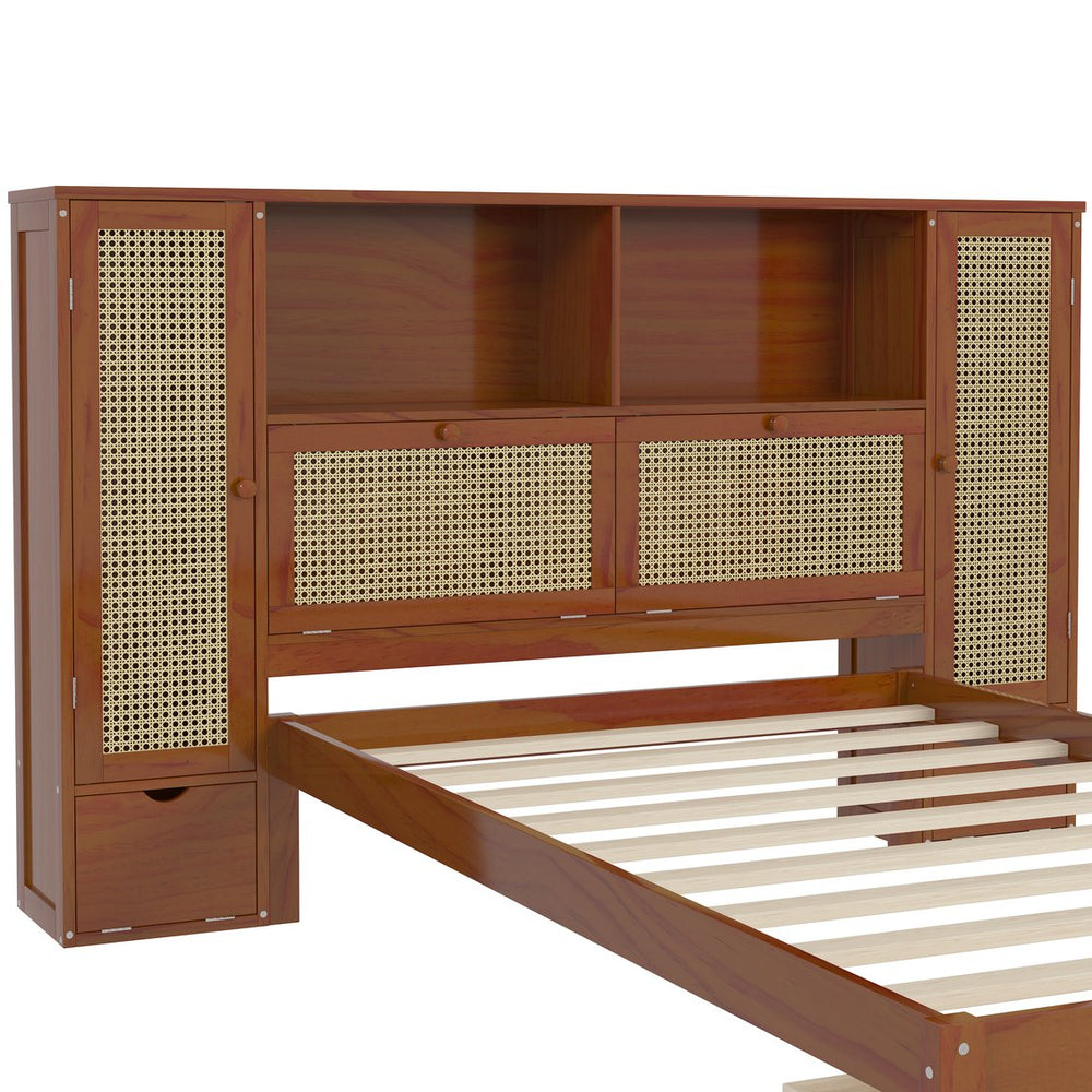 English Elm Twin Multifunctional Bed with Rattan Headboard Storage, Drawer & Shelves — Space-Saving Pine Design Walnut 50.4 L x 19.8 W x 5.5 H N733S241280D