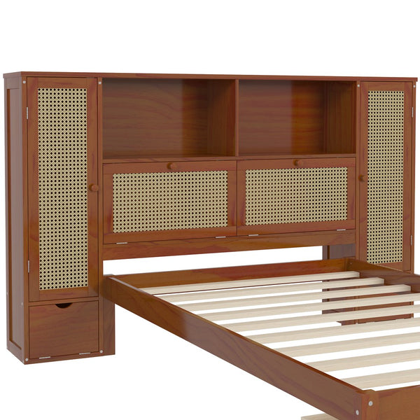 English Elm Twin Multifunctional Bed with Rattan Headboard Storage, Drawer & Shelves — Space-Saving Pine Design Walnut 50.4 L x 19.8 W x 5.5 H N733S241280D