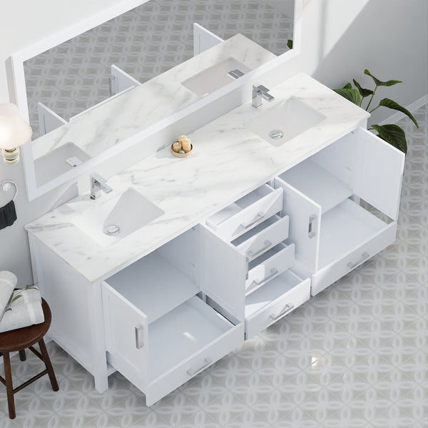 English Elm White Double Bath Vanity 84 in W x 22 in D with Carrara Marble Top, Chrome Faucet, 34in Mirrors, Durable Finish B2731S01062