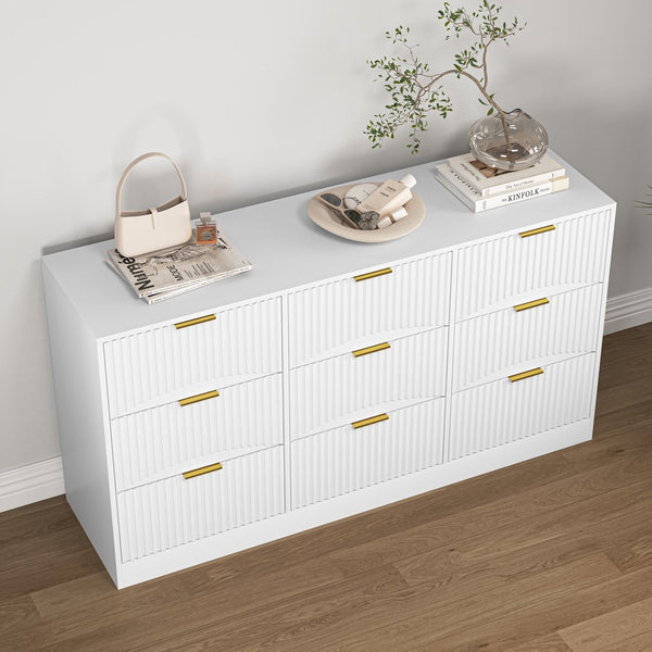 English Elm Black Nine Drawer Wide Dresser Matte Wood Chest with Wavy Relief Panels Bedroom Storage White W409P307539