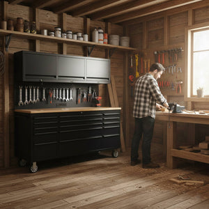 English Elm 72" Steel Rolling Tool Cabinet with Wood Benchtop 15 Drawers and Overhead Storage W5675P455304