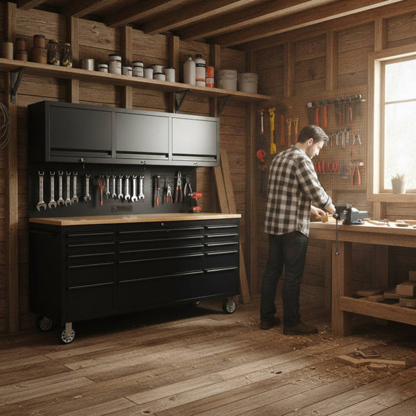 English Elm 72" Steel Rolling Tool Cabinet with Wood Benchtop 15 Drawers and Overhead Storage W5675P455304