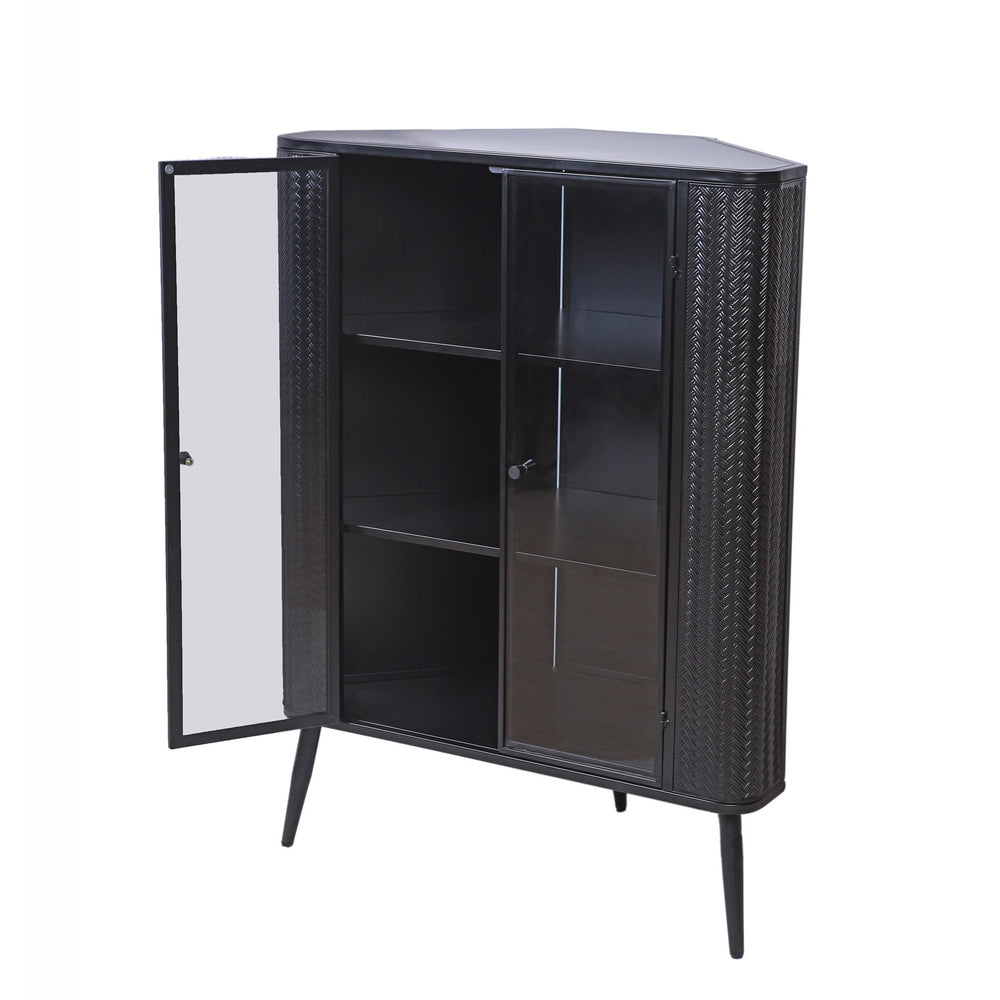 English Elm Modern 3-Tier Corner Storage Cabinet Antique Black Steel with Tempered Glass Doors, Space-Saving Organizer W3122P272936