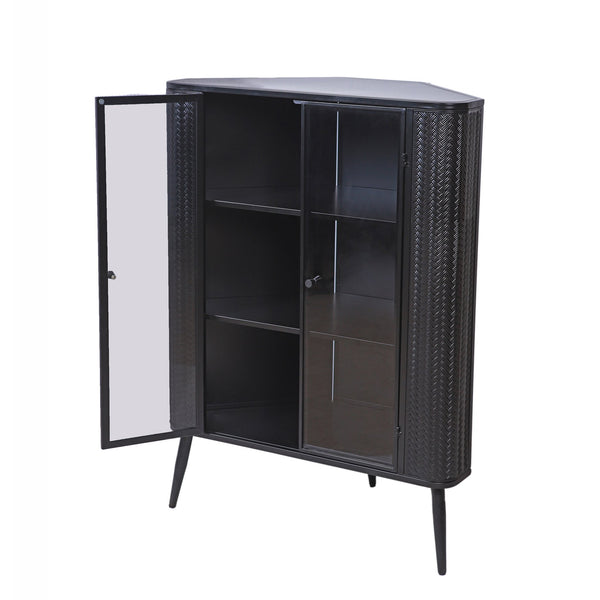 English Elm Modern 3-Tier Corner Storage Cabinet Antique Black Steel with Tempered Glass Doors, Space-Saving Organizer W3122P272936