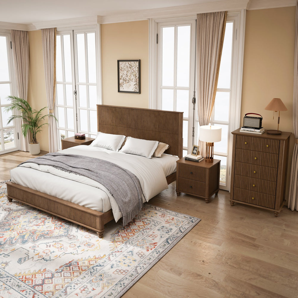English Elm 4-piece King Bedroom Set Wavy Fluted Panel Solid Wood Dresser Nightstands Beige W1716S00028