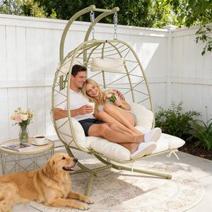 English Elm 2 Person Wicker Hanging Egg Chair with Stand Padded Cushions Patio Swing Seat T5880P500218