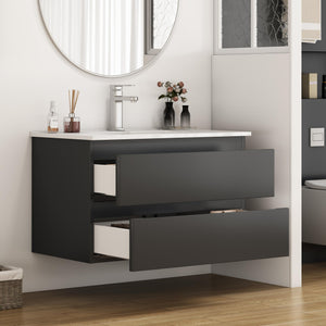 English Elm 32-Inch Wall-Mounted Bathroom Vanity & Ceramic Sink Combo - Soft-Close Drawers, Easy Install! W3151S00046