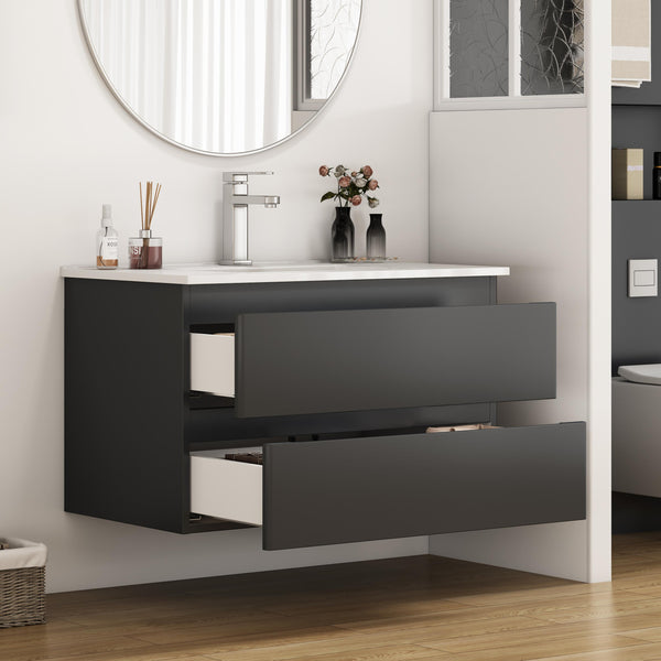 English Elm 32-Inch Wall-Mounted Bathroom Vanity & Ceramic Sink Combo - Soft-Close Drawers, Easy Install! W3151S00046