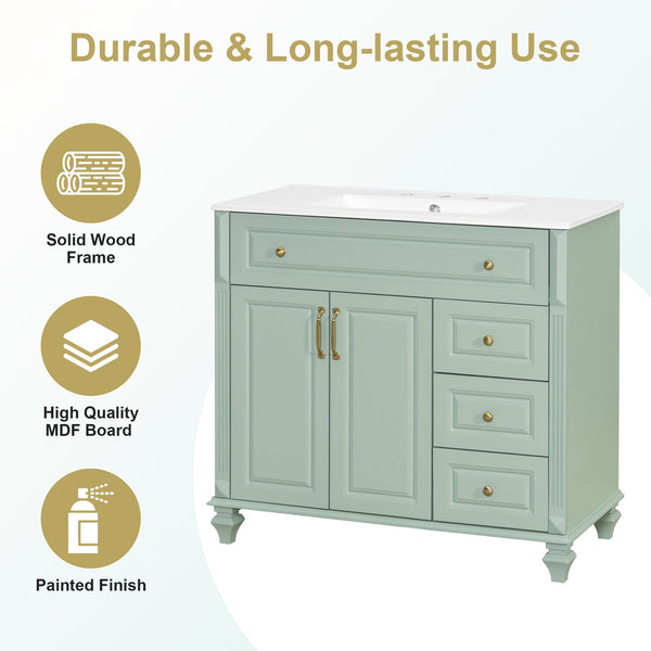 English Elm 36" Forest Green Rubberwood Bathroom Vanity with Ceramic Sink and Golden Hardware N725P356069F
