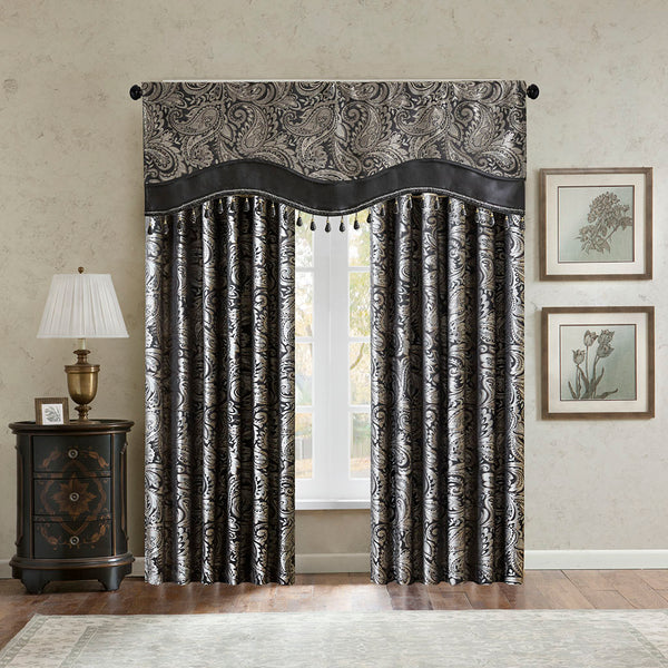 JLA Home Madison Park - Jacquard Aubrey Beaded Valance with Paisley Weave, Faux-Silk Shine, Scalloped Hem & Gold Trim Black MP41-4989