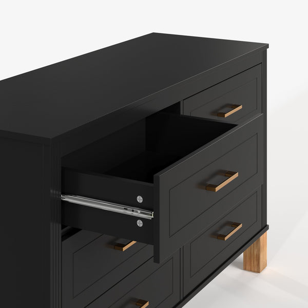 English Elm 6-drawer Solid Wood Dresser Mid-century Modern Gray Finish with Metal Bar Handles Black W1445P419756