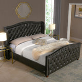 English Elm Marcella Upholstered Shelter Headboard Bed Set, King, Vintage Black Brown Faux Leather