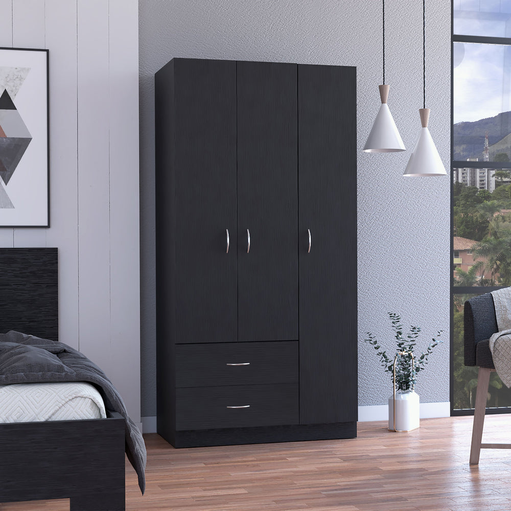 English Elm Bosko Three Door Wardrobe Armoire with Drawers Hanging Rod Black Wengue Finish B097S00224
