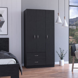 English Elm Bosko Three Door Wardrobe Armoire with Drawers Hanging Rod Black Wengue Finish B097S00224