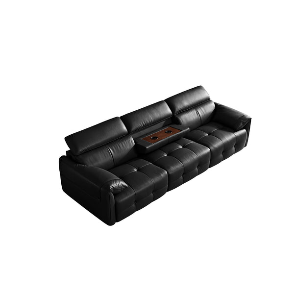 English Elm Genuine Top-grain Leather Three-seat Sofa with Reclining Backrests and Center Storage W1765S00130