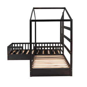 English Elm Wood House Bed L-shaped Twin Frame Pinewood Kids Room Peaked Roofline Espresso Finish LP001345AAP