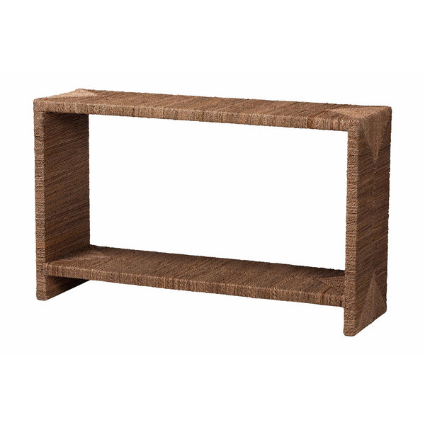 English Elm Bohemian Woven Seagrass Acacia Wood Console Table with Open Shelf for Entryway B2750P420413