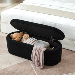 English Elm Modern Boucle Upholstered Oval Bench with Hinged Lid Storage for Bedroom Entryway Black W2186P193117