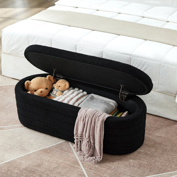 English Elm Modern Boucle Upholstered Oval Bench with Hinged Lid Storage for Bedroom Entryway Black W2186P193117