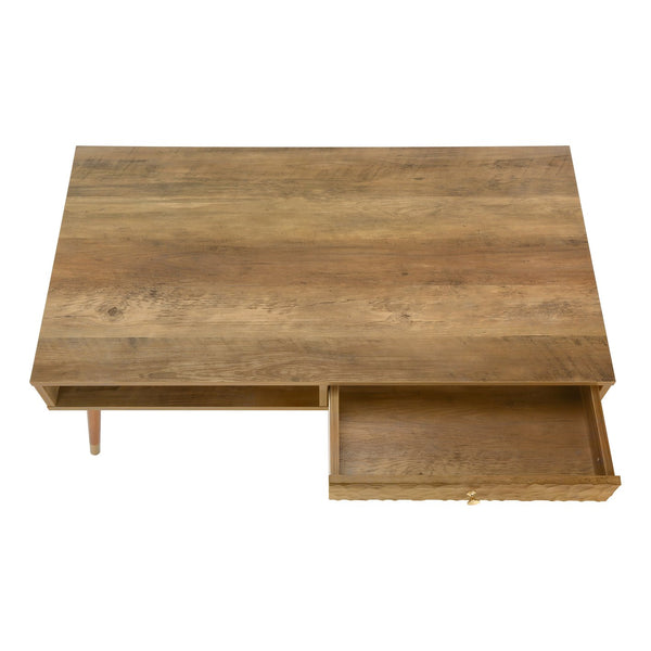 English Elm Coffee Mid-Century Walnut Coffee Table with Rippling Drawer, Gold Accents, Storage Shelf & Drawer B2710P221329