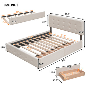 English Elm Upholstered Queen Platform Bed with Tufted Linen Headboard Storage Drawers and Trundle Beige LP100314AAA-1