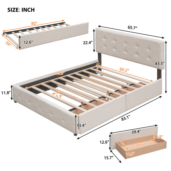 English Elm Upholstered Queen Platform Bed with Tufted Linen Headboard Storage Drawers and Trundle Beige LP100314AAA-1