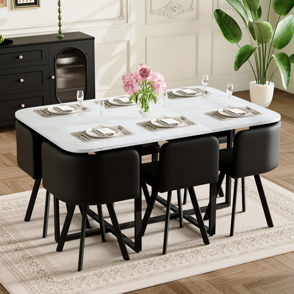 English Elm 7-piece Rectangular Dining Set Seats 6 with Faux Leather Chairs and Melamine Top Black,White W3875S00115